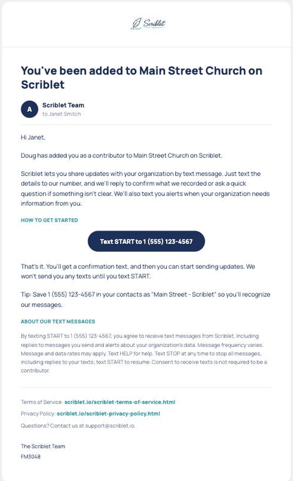 Sample Scriblet welcome email showing a contributor's assigned Scriblet number